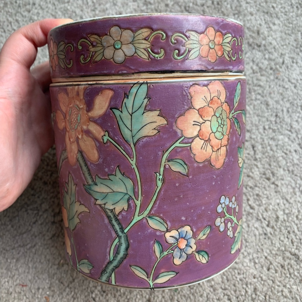 Vintage Macau Ceramics porcelain hand painted floral tea caddy / tobacco jar